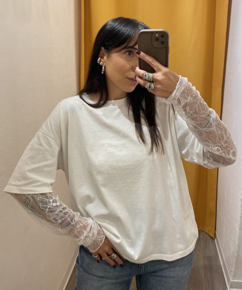 T-shirt maniche in pizzo bianca Susy mix