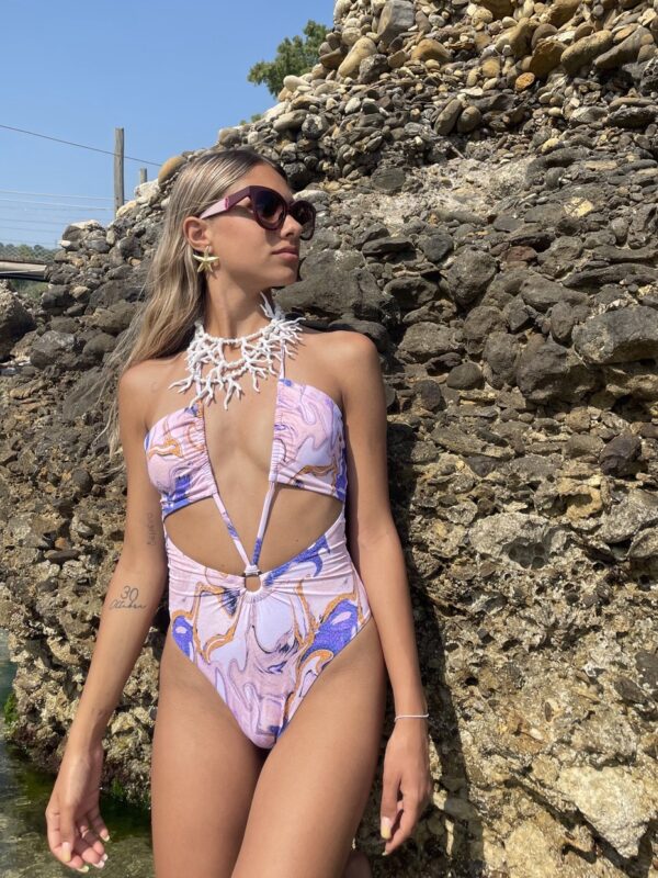 Costume intero cut-out fantasia rosa/lilla