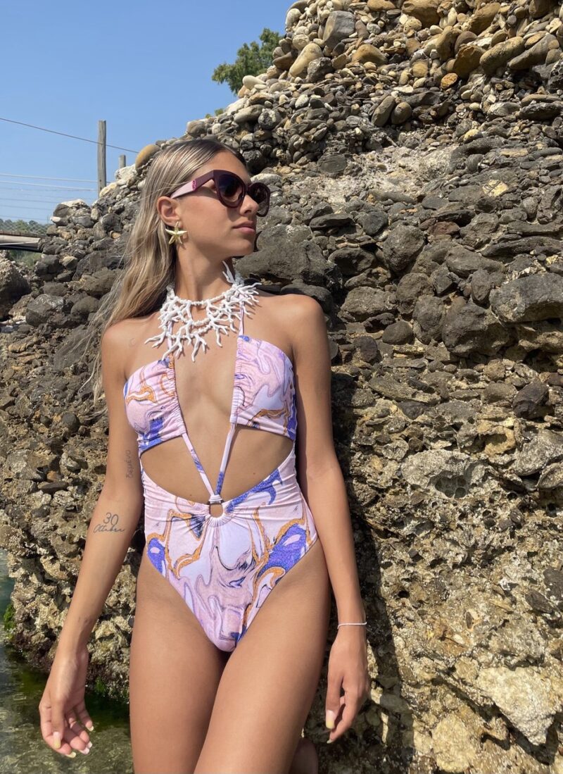 Costume intero cut-out fantasia rosa/lilla