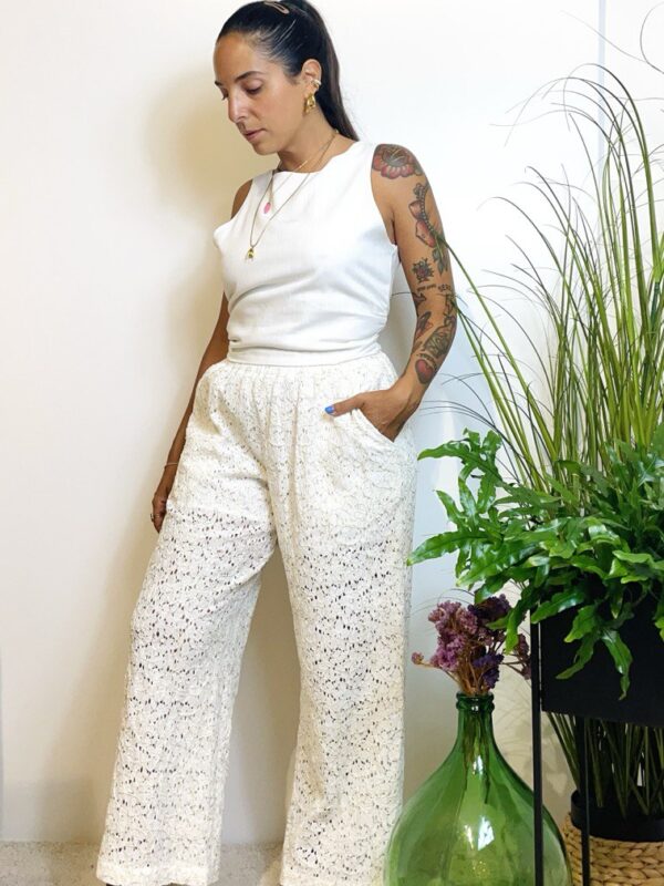 Pantalone in pizzo con micro paillettes panna Lumina